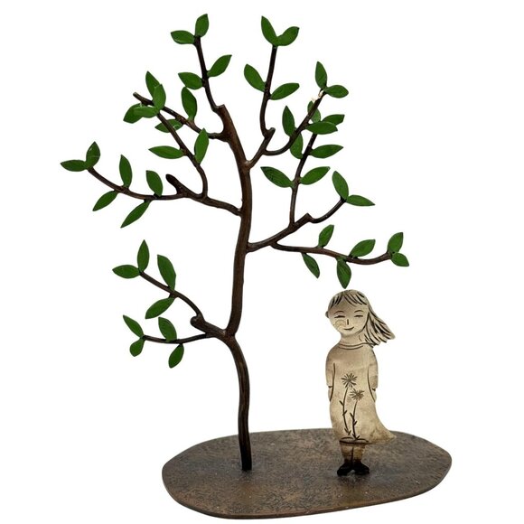 Metal Figurine Sculpture Of Girl With Flowers & Tree On Textured Base 5 Inches - Picture 1 of 13